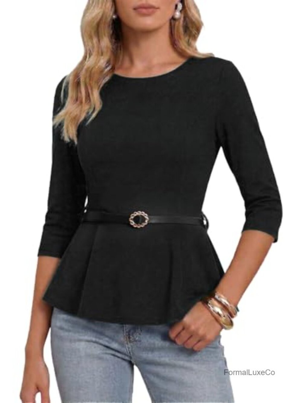 Peplum Blouse 3/4 Sleeve Belted Business Work Dressy Casual Top